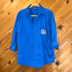 KMM monogrammed custom embroidered blue button down shirt